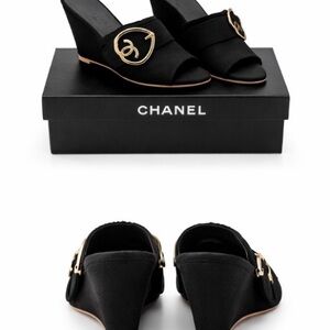 CHANEL Black Wedges with Gold Accents